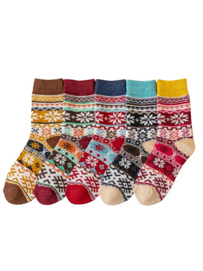 Rufia - Retro Snowflake Thick Mid-Calf Winter Socks - 5 Pairs/Pack