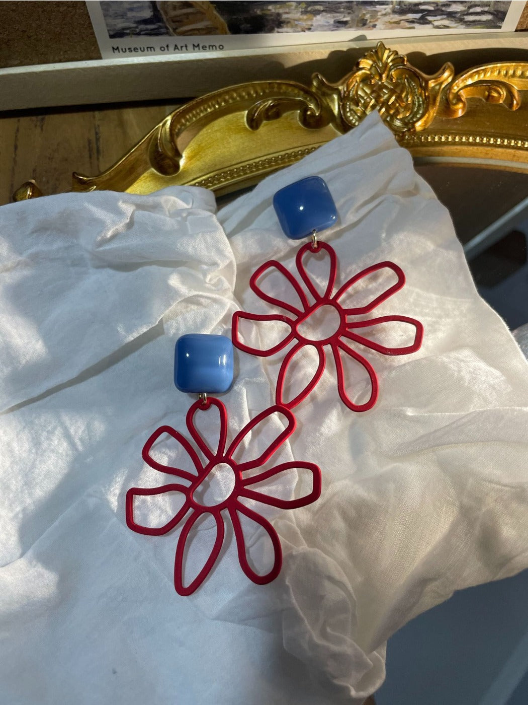 Earwish - Vintage Red Blue Floral Earrings