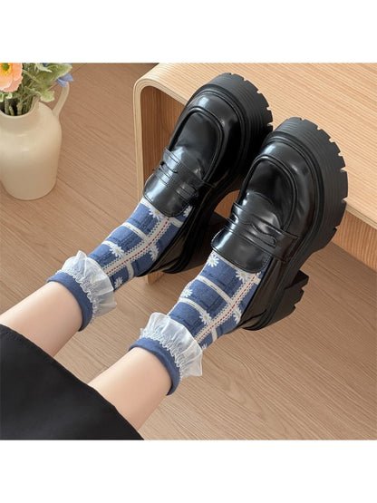 Rufia - Lace Trim Plaid Floral Crew Socks
