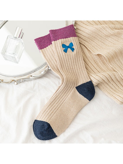 Rufia - Preppy Embroidery Bow Color Block Crew Socks