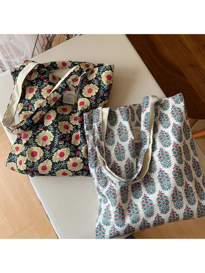 Cosbai - Retro Floral Print Open Top Tote Bag