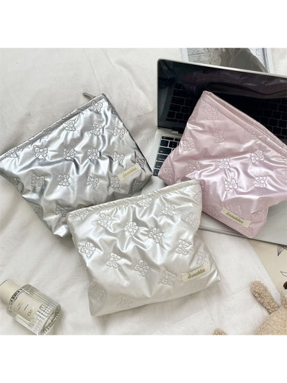 Cosbai – Quilted Cosmetic Bag with Bowknot Print