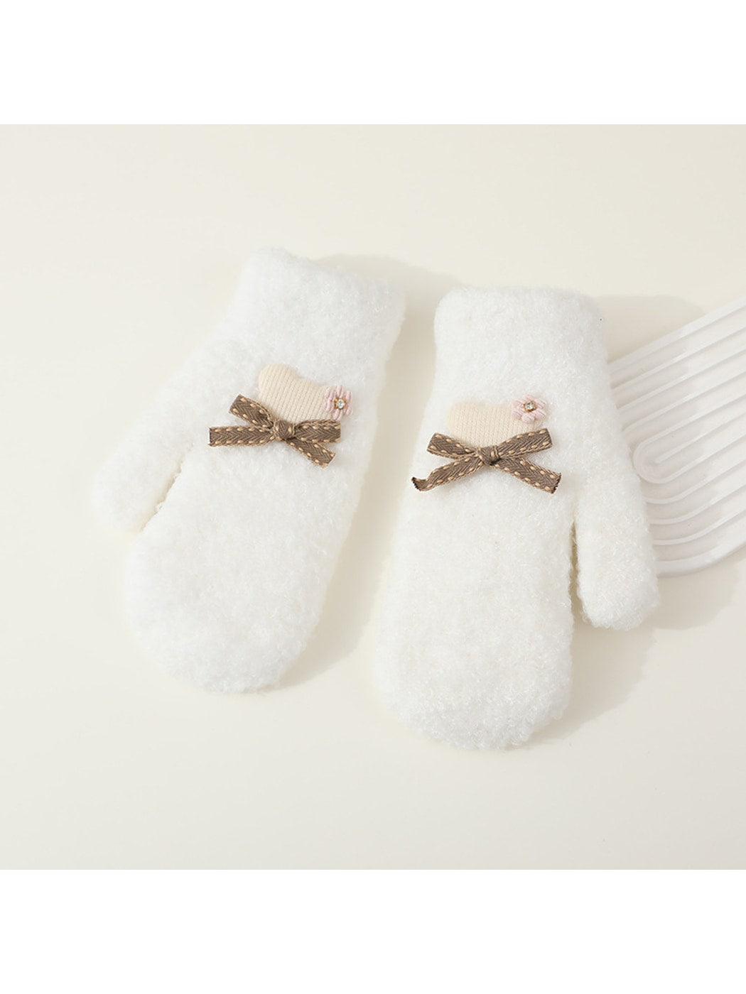 Gloving - Bow Accent Fuzzy Knit Winter Mittens