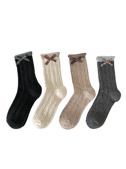 Rufia - Ribbed Knit Bow Accent Rolled Cuffs Crew Socks