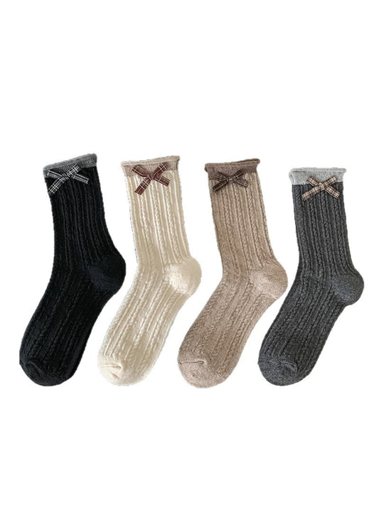 Rufia - Ribbed Knit Bow Accent Rolled Cuffs Crew Socks