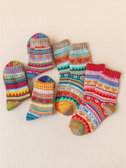 Rufia - Retro Color-Block Thick Warm Winter Socks - 5 Pairs/Pack