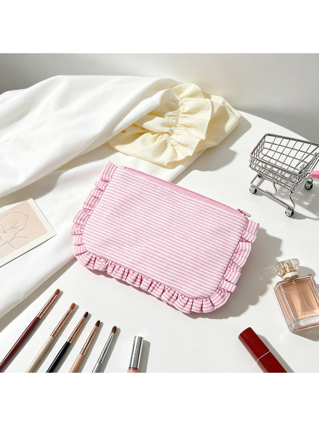 Cosbai - Pastel-toned Striped Ruffle Trim Zip Pouch