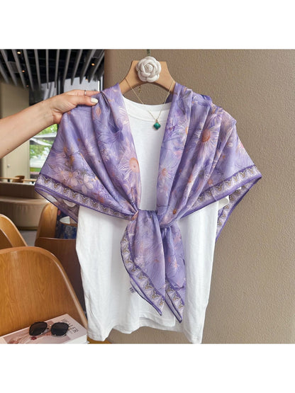Scarvii - Soft Purple Daisy Floral Print Square Scarf