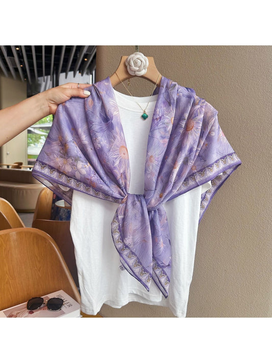 Scarvii - Soft Purple Daisy Floral Print Square Scarf