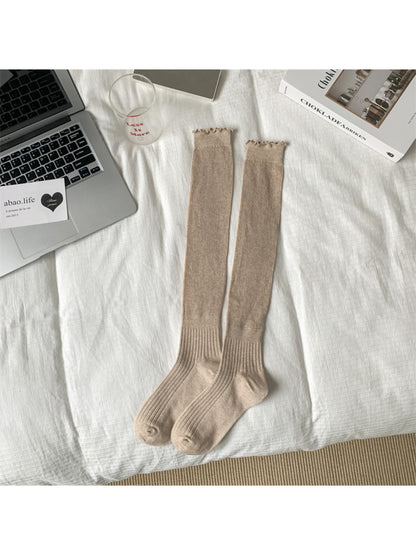 Rufia - Ribbed Knee High Socks with Scalloped Trim