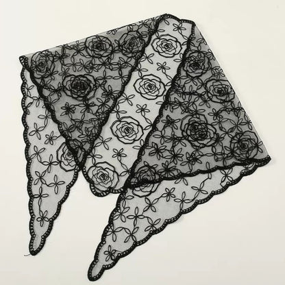 Haila Rose Vine Lace Veil Scarf displayed on a wooden hanger against white background