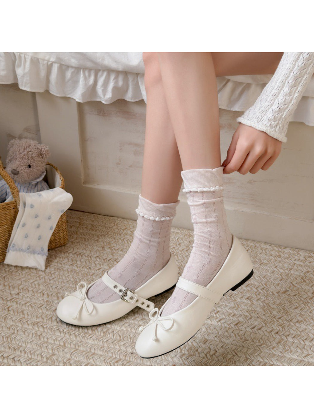 Model wearing Rufia dainty flower frill crew socks paired with casual shoes