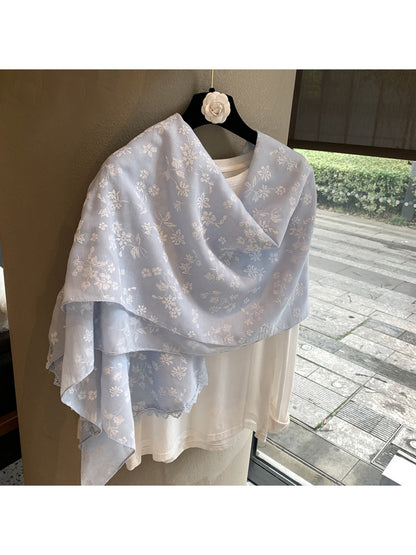 Scarvii - Floral Embroidered Lace Trim Shawl Scarf