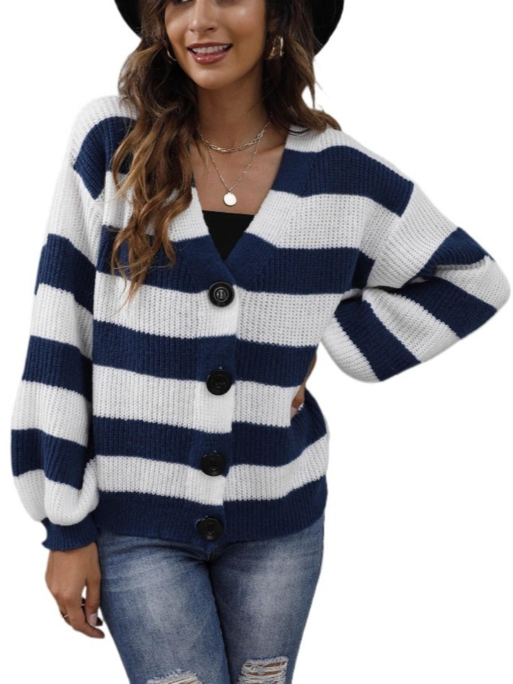Crosa Color-blocked Striped Knitted Cardigan with Buttons color options including Blue, Black, Brown