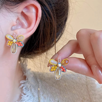 Earwish - Yellow Beaded Flower Earrings - Chic & Delicate
