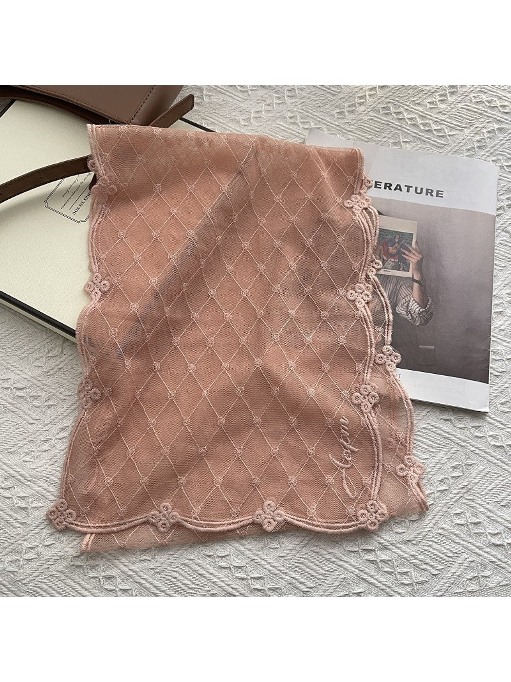 Scarvii - Embroidered Trim Lace Plaid Scarf