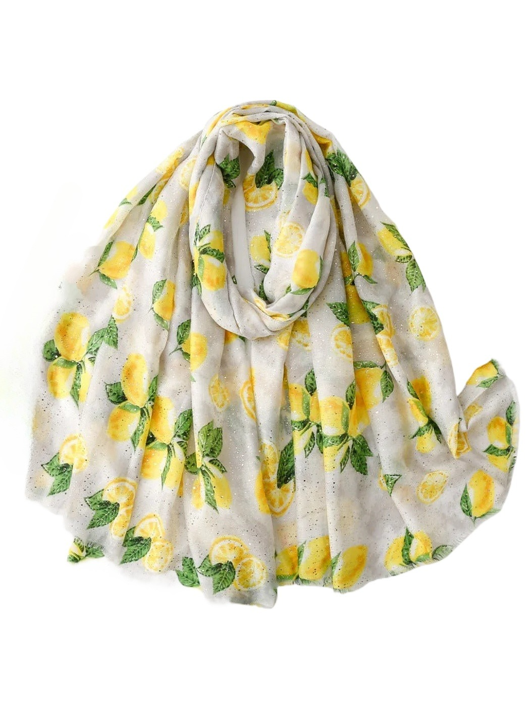 Scarvii - Lemon Foil Print Fringed Wrap Scarf