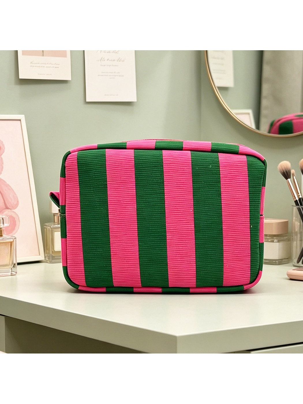 Cosbai - Striped Zipper Cosmetic Organizer Bag