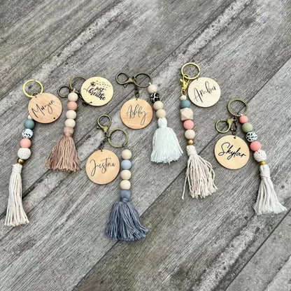 Koco Round Wood Bead Tassel Keychain color options including GRAY, WHITE, CREAM