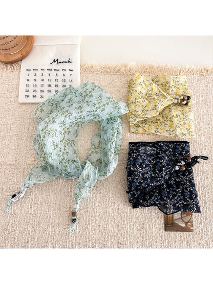 Scarvii - Floral Print Beaded Tie Scarf