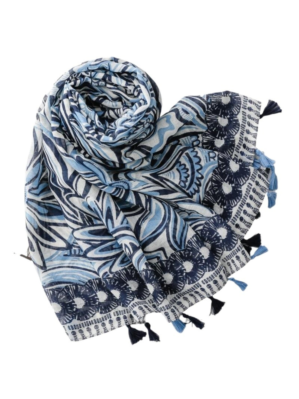 Blue scarf folded neatly with tassels visible on a white surface