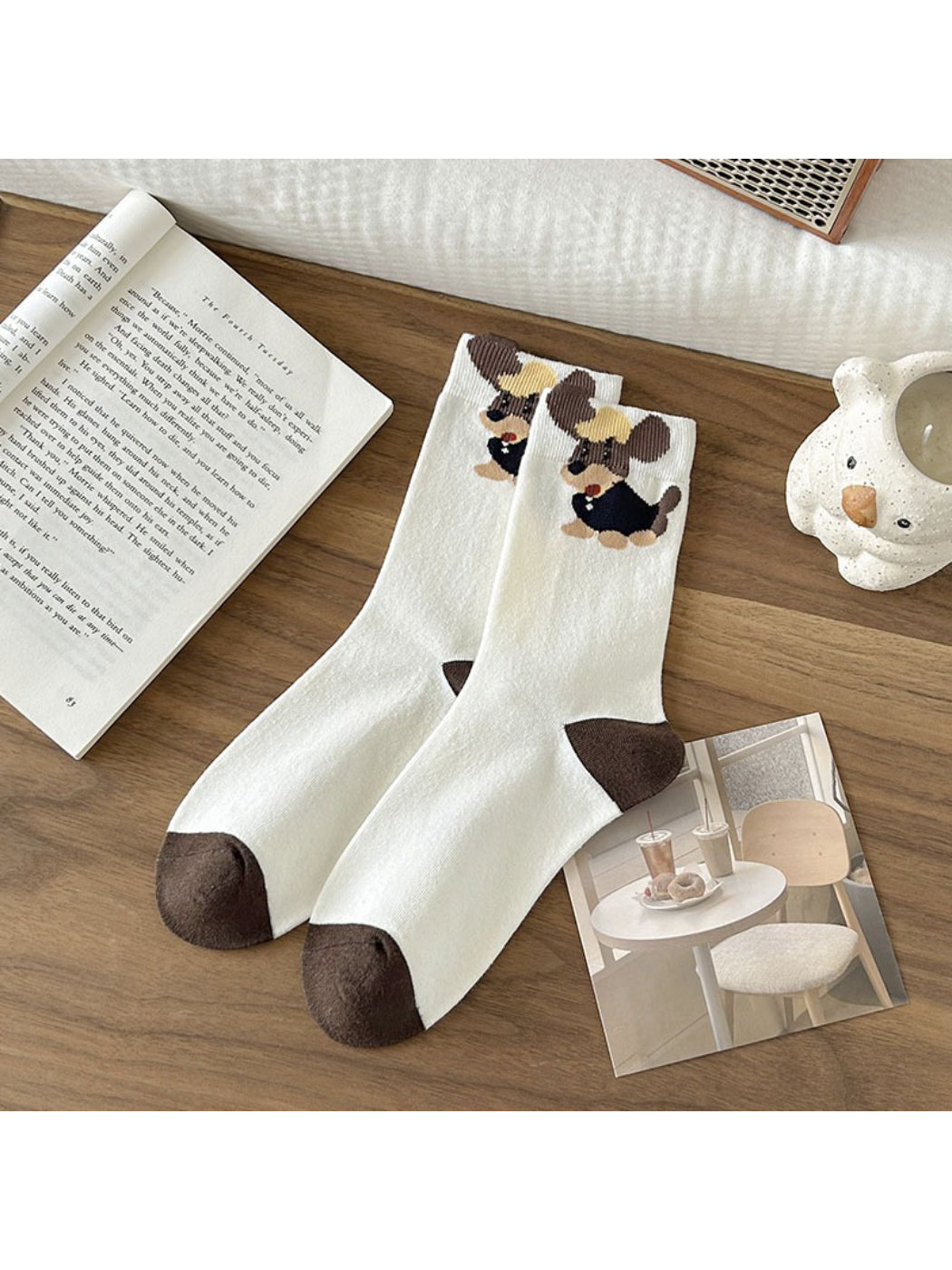 Rufia - Brown Puppy Print Crew Socks
