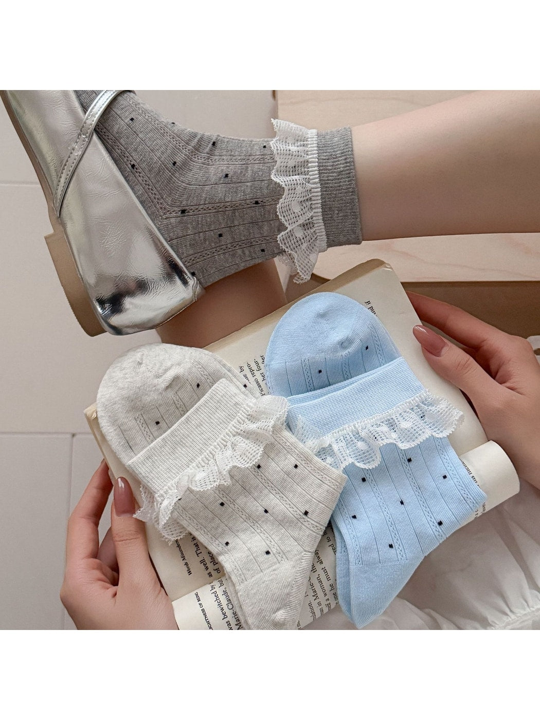 Rufia - Polka Dot Ruffle Lace Trim Crew Socks