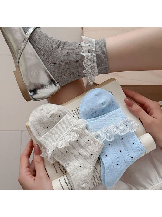 Rufia - Polka Dot Ruffle Lace Trim Crew Socks