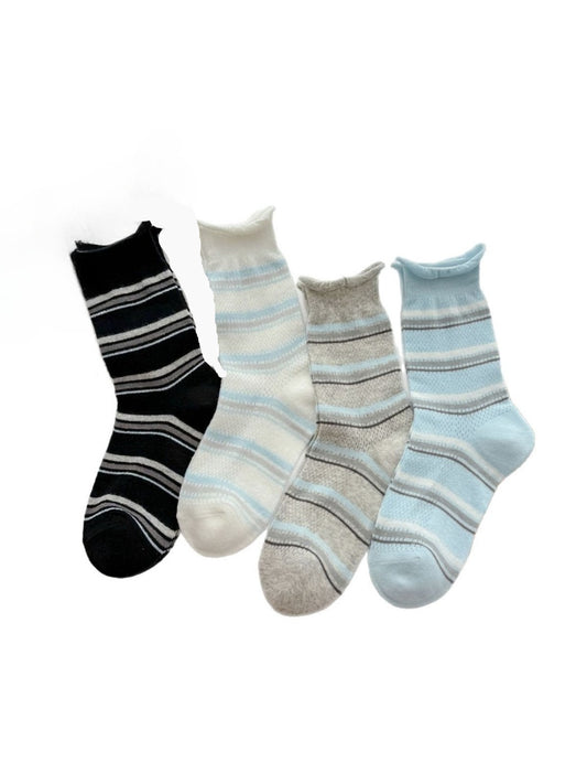 Close-up of Rufia rolled edge stripe socks showing navy and white striped pattern