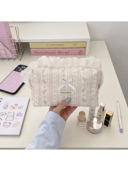 Cosbai - Floral Stripe Ruffle Trim Bow Pouch