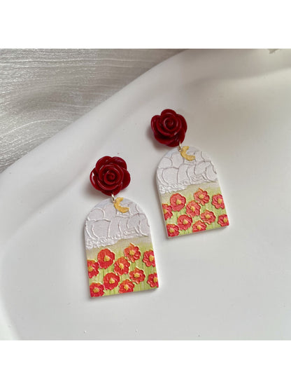 Earwish Rose Garden drop earrings with pink rose-shaped design and gold-tone hooks
