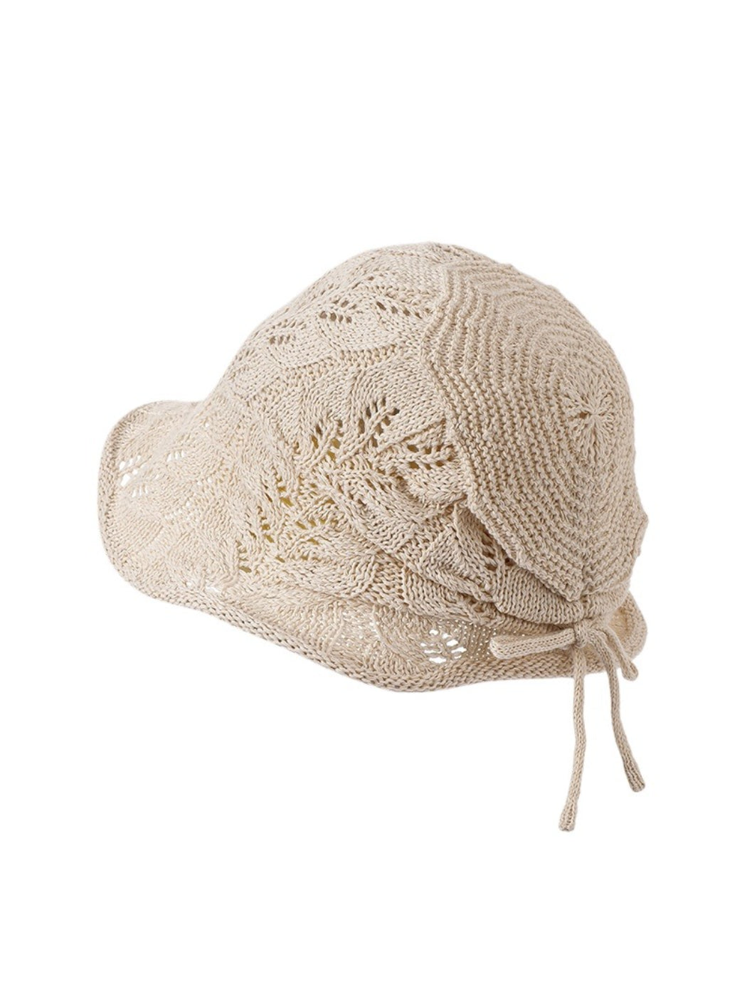 Back view showing tie back feature of Haila open knit hat in beige