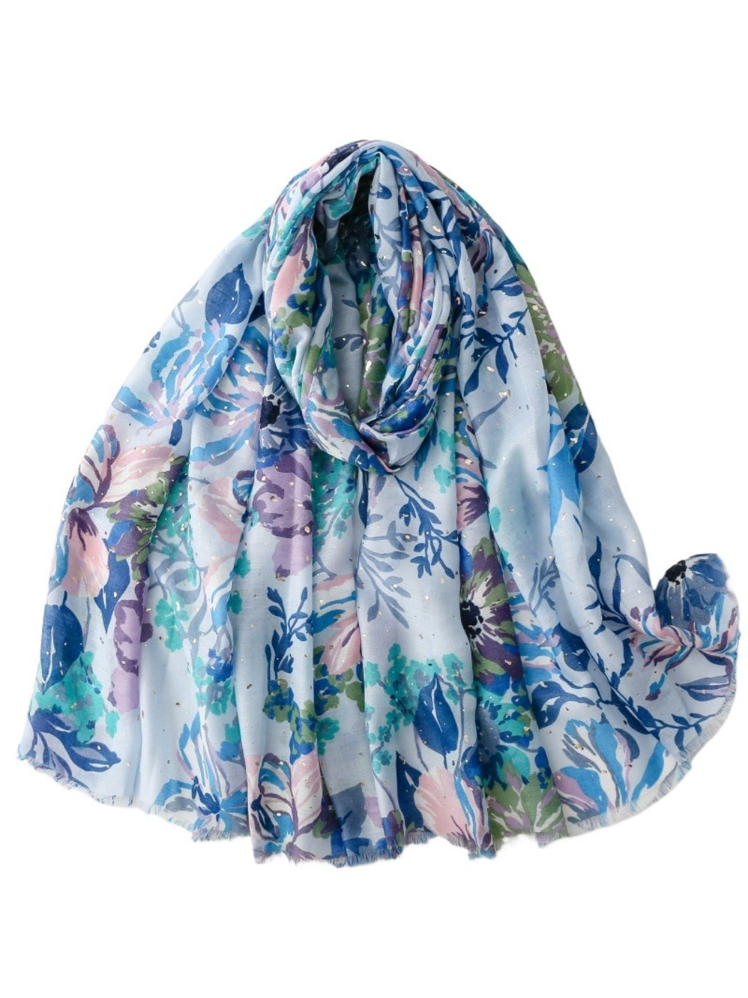 Model wearing Scarvii Dreamy Bloom Print Scarf styled around the neck