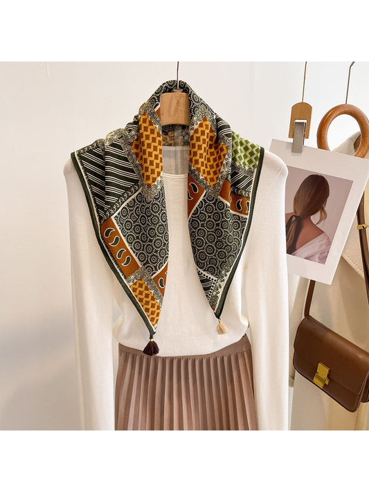 Scarvii - Vintage Spliced Print Tassel Square Scarf