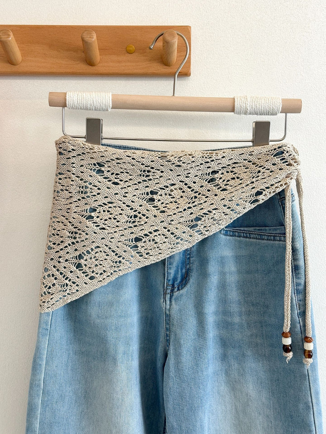 Scarvii - Lace Knit Triangle Scarf with Beaded Ties