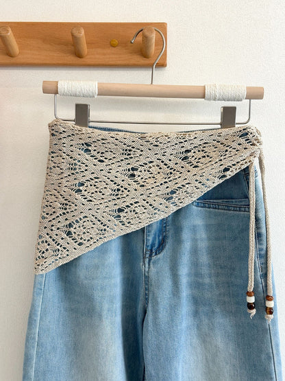 Scarvii - Lace Knit Triangle Scarf with Beaded Ties
