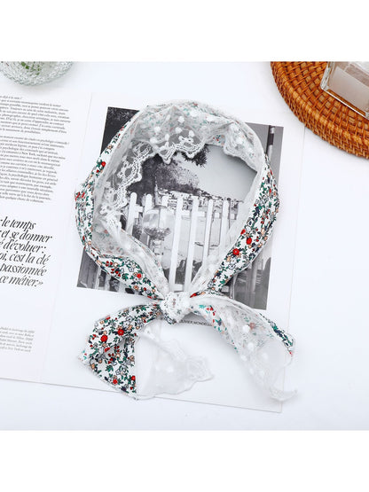 Scarvii - Floral Print Lace Trim Narrow Scarf