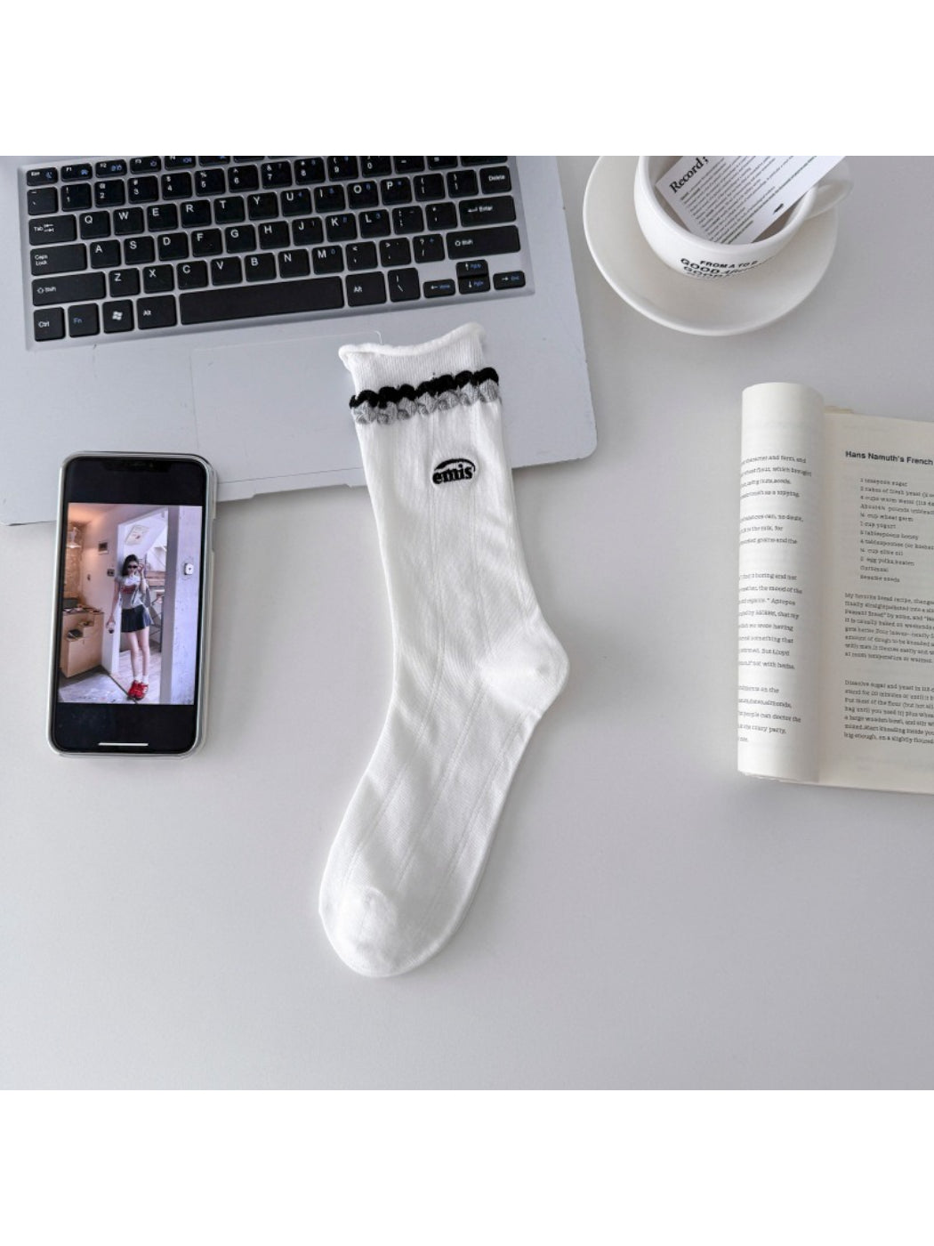 Side view of Rufia contrast braid knit socks highlighting the braided texture and color contrast