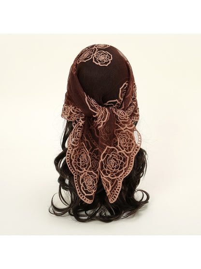 Scarvii - Rose Embroidered Lace Detail Square Scarf