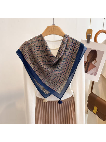 Scarvii - Vintage Check Print Border Tassel Square Scarf