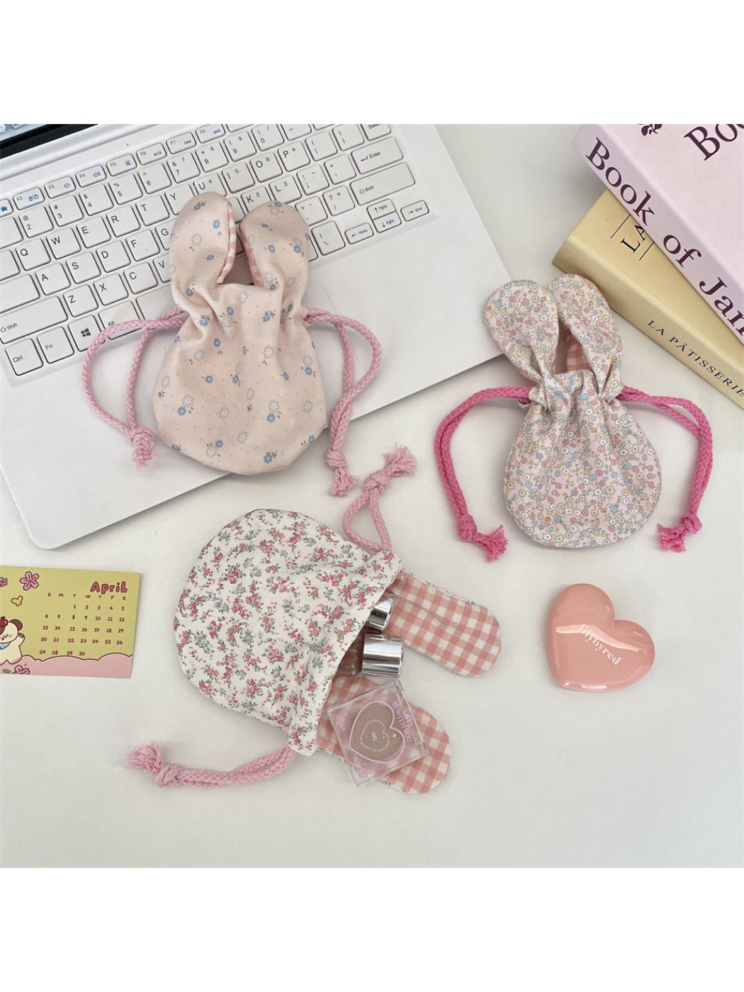 Cosbai - Floral Bunny Ears Drawstring Pouch