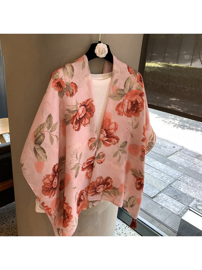 Scarvii - Pink Floral Printed Tassel Trim Scarf