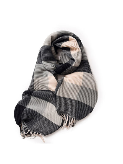 Scarvii - Ribbed Colorblock Plaid Fringed Scarf