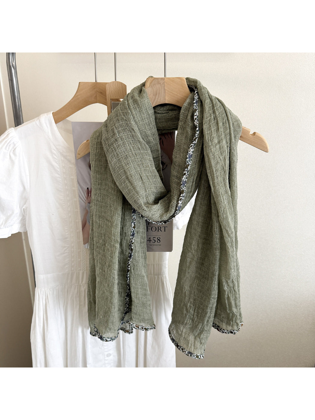 Scarvii - Woven Floral Trim Long Scarf
