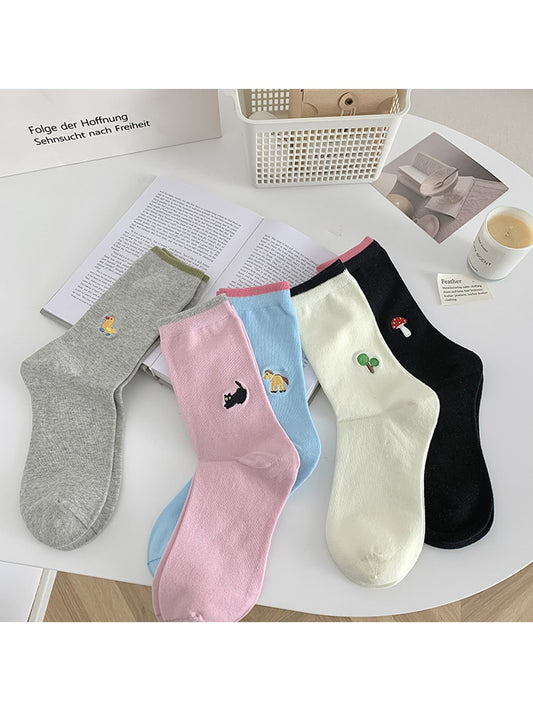 Rufia - Cartoon Embroidered Colorblock Casual Crew Socks