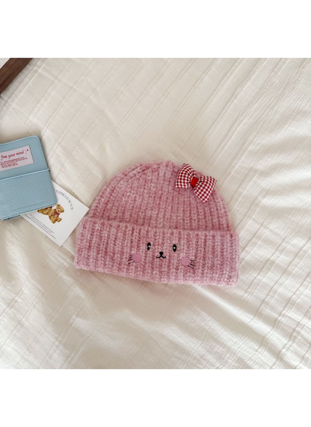 Haila - Cat Face Knit Beanie with Gingham Bow