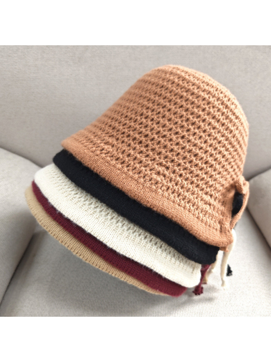 Haila - Openwork Knit Tie Strap Bonnet