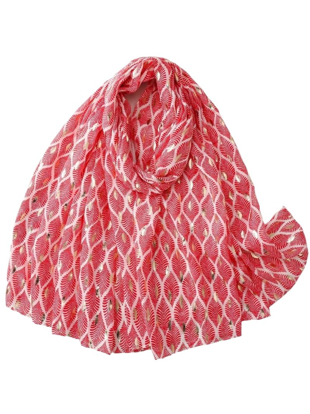 Model wearing the soft feather pattern scarf draped around the neck with casual outfit