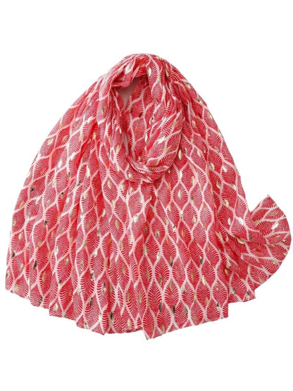 Model wearing the soft feather pattern scarf draped around the neck with casual outfit