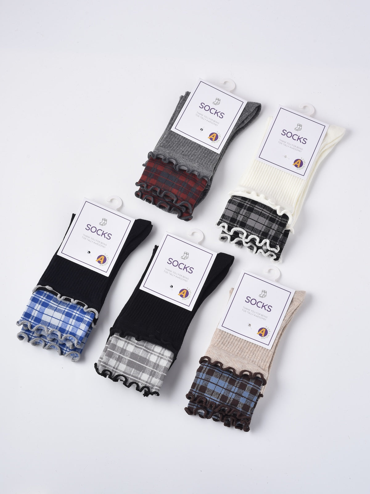 Rufia - Ruffled Edge Plaid Mid-Calf Winter Socks